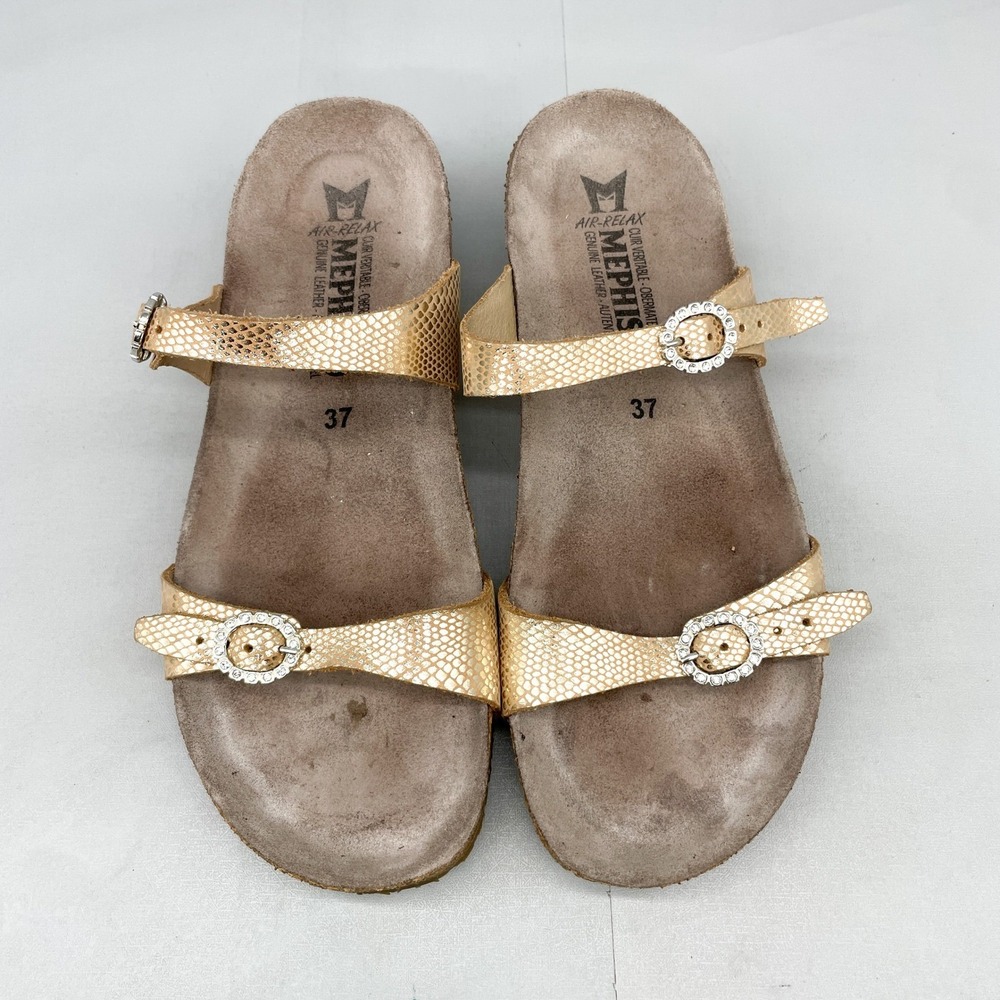 Mephisto Womens 37 7 Idelya Sandals Gold Snake Print Rhinestone Buckle Glam Boho